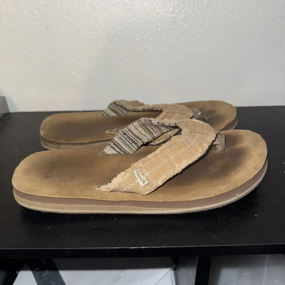 Sanuk Fraid Not Men’s 9 Flip Flop Brown Sandals Hemp Canvas Comfort Beach Casual